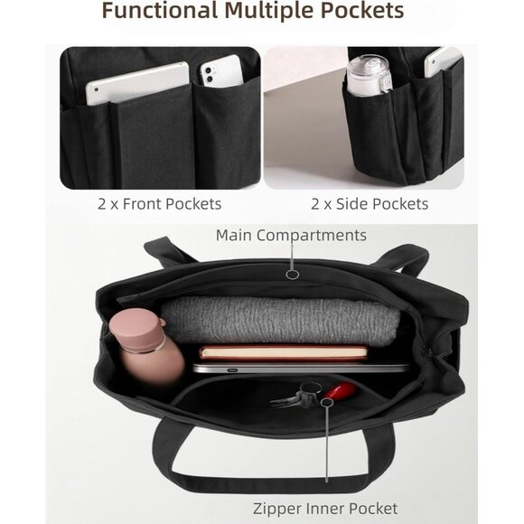 Women Black Large Utility Premium Canvas Tote Bags with Pockets Zip Top - Picture 3 of 8